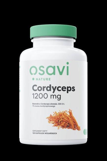 Osavi Cordyceps 1200 mg supplement bottle for energy, immunity, and physical performance.