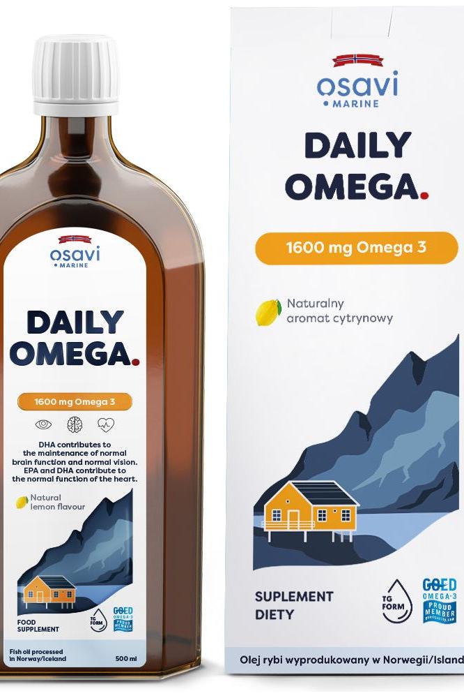 Osavi Daily Omega 1600 mg fish oil with natural lemon flavour for heart and brain health.