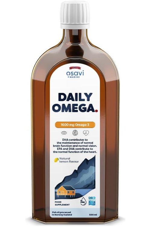 Osavi Daily Omega liquid supplement bottle with essential omega-3, natural lemon flavor, 500ml.