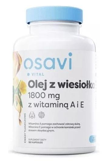 Osavi Evening Primrose oil capsules 1800 mg with Vitamins A and E for skin and health benefits.