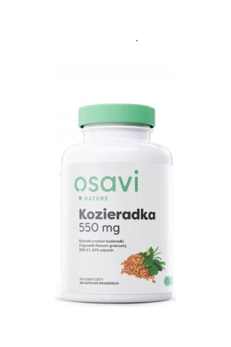 Osavi Fenugreek supplement bottle with green lid, 550 mg, showcasing health benefits and natural ingredients.