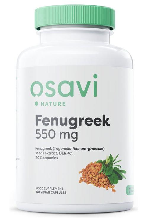 Osavi Fenugreek 550 mg supplement bottle, 120 vegan capsules for blood sugar support and digestion.