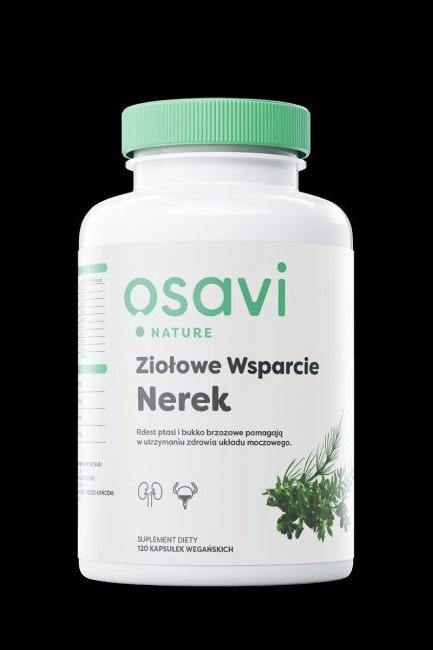 Osavi Herbal Kidney Support supplement bottle with green cap, promotes kidney and urinary health.