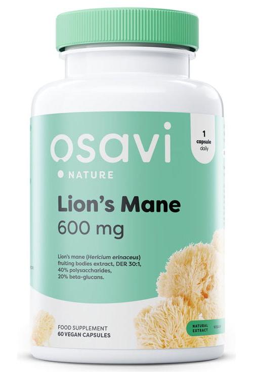 Osavi Lion's Mane 600 mg supplement bottle, containing 60 vegan capsules for brain support and cognitive function.
