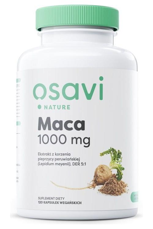 Osavi Maca 1000 mg dietary supplement bottle featuring natural maca root extract.
