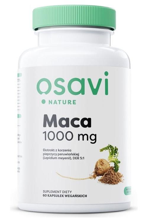 Osavi Maca 1000 mg dietary supplement in a bottle promoting vitality and natural energy.