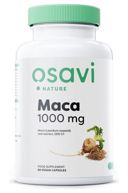 Osavi Maca 1000 mg supplement bottle, natural vitality and sexual health support, 60 vegan capsules.