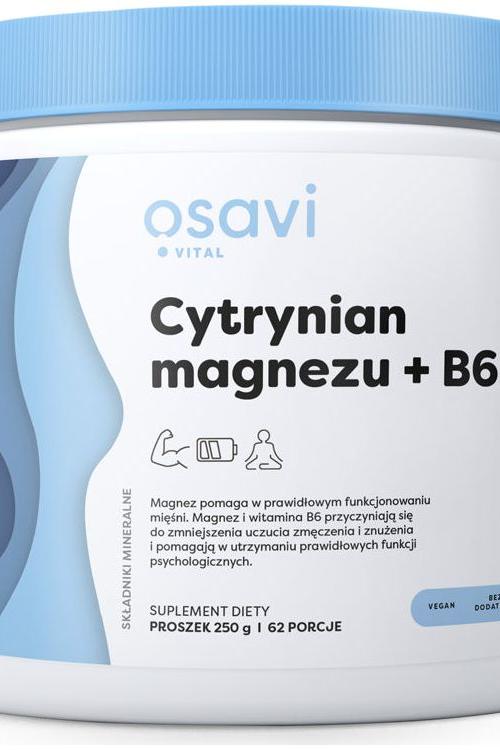Osavi Magnesium Citrate + B6 dietary supplement powder in a 250g container, promoting muscle health and reducing fatigue.