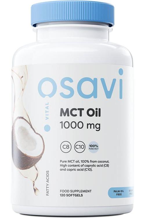 Osavi MCT Oil 1000 mg bottle, pure coconut oil, supports weight loss and energy, non-GMO, palm oil free.
