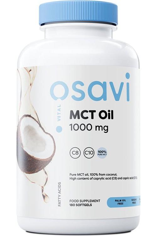 Osavi MCT Oil supplement bottle with coconut image, 1000 mg, palm oil free, 180 softgels.
