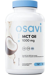Osavi MCT Oil supplement bottle with coconut image, 1000 mg, palm oil free, 180 softgels.