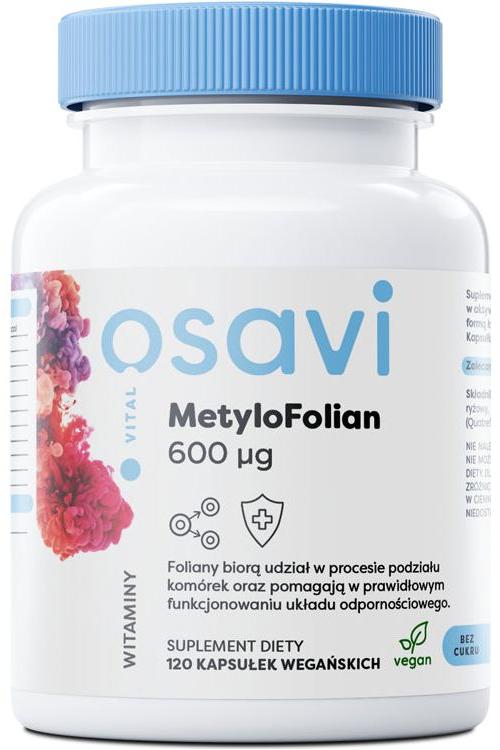 Osavi Methylfolate 600 mcg supplement bottle, supports cell division and immune function, 120 vegan capsules.