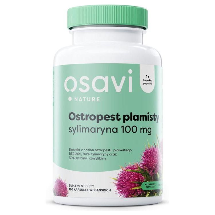 Osavi Milk Thistle supplement bottle, containing 100 mg silymarin for liver support and healthy gallbladder functions.