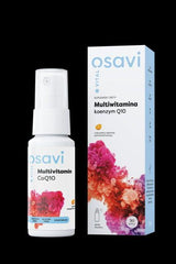 Osavi Multivitamin CoQ10 supplement bottle and box with a floral design and orange flavor.
