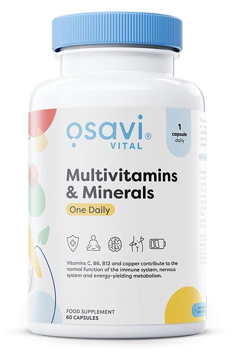 Osavi Multivitamins & Minerals supplement bottle, supporting energy metabolism and immune function, 60 capsules.