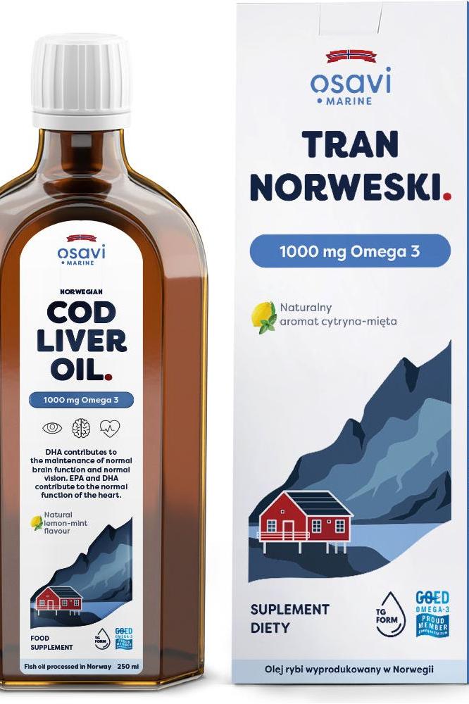 Osavi Norwegian Cod Liver Oil, 1000 mg Omega 3, 250 ml in lemon-mint flavor supplement for heart health.