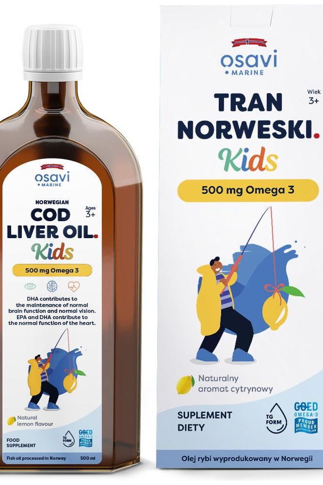 Osavi Norwegian Cod Liver Oil for kids, 500 mg Omega 3 in a lemon flavor, supports immunity and brain development.