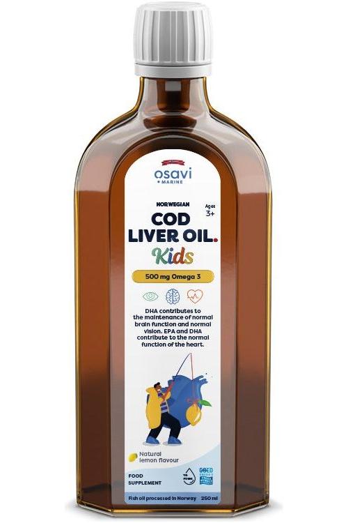 Osavi Norwegian Cod Liver Oil for Kids, promoting brain and heart health, with natural lemon flavor, 500 mg Omega 3.