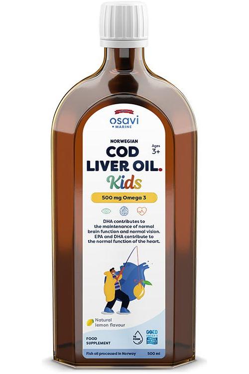 Osavi Norwegian Cod Liver Oil Kids bottle with natural lemon flavor, 500 mg Omega 3 for children's health.