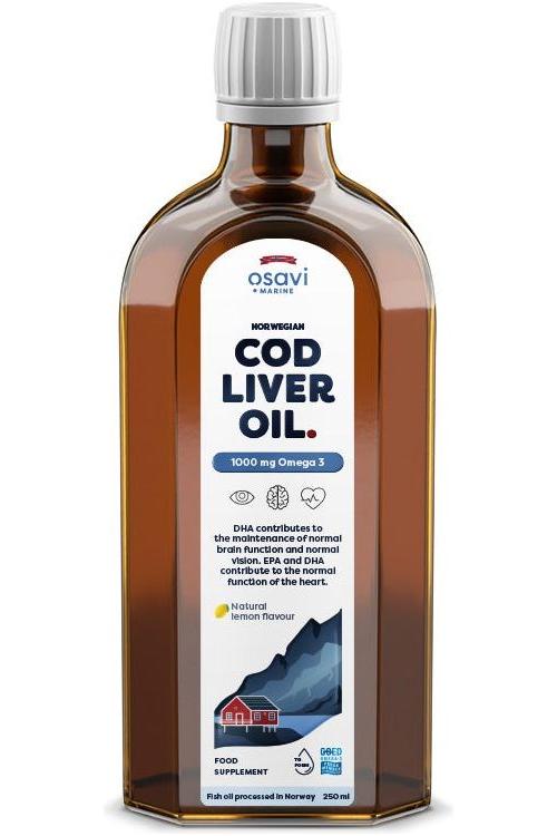 Osavi Norwegian Cod Liver Oil bottle, 1000 mg Omega-3, supports heart and brain function, dietary supplement.
