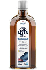 Osavi Norwegian Cod Liver Oil bottle, 1000 mg Omega-3, supports heart and brain function, dietary supplement.
