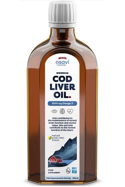 Osavi Norwegian Cod Liver Oil bottle with 1000 mg Omega-3 for heart and brain health.