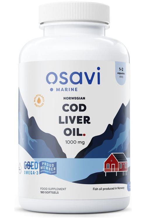 Osavi Norwegian Cod Liver Oil supplement bottle with 1000 mg omega-3 and 180 softgels for health benefits.