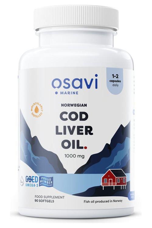 Osavi Norwegian Cod Liver Oil supplement bottle with 1000 mg omega-3 in 90 softgels.