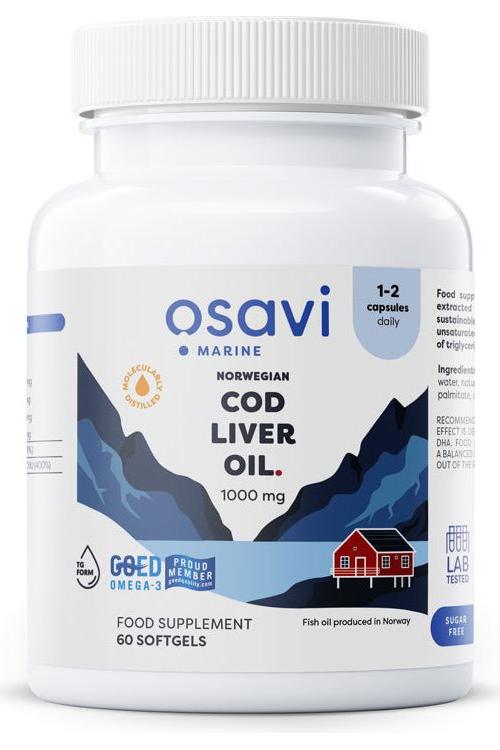 Osavi Norwegian Cod Liver Oil supplement bottle with 1000 mg omega-3, 60 softgels, supports heart and brain health.