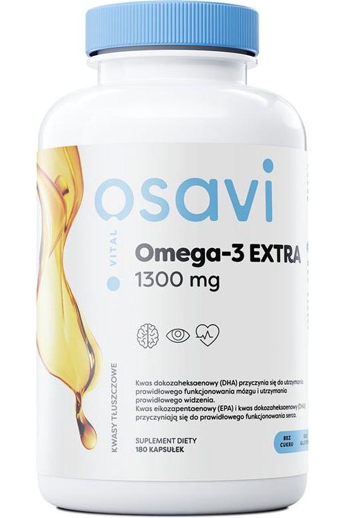 Osavi Omega-3 EXTRA dietary supplement bottle featuring fish oil in soft capsules, promoting heart and brain health.