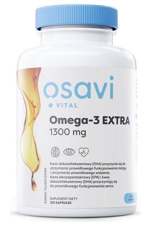 Osavi Omega-3 EXTRA dietary supplement bottle with high-concentration fish oil, 1300 mg, for heart and brain health.