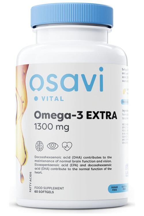 Osavi Omega-3 Extra supplement bottle, 1300 mg, supports brain function and heart health.
