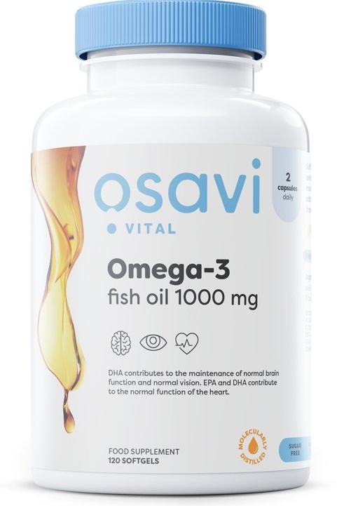 Osavi Omega-3 Fish Oil 1000 mg supplement, 120 softgels for brain and heart health.