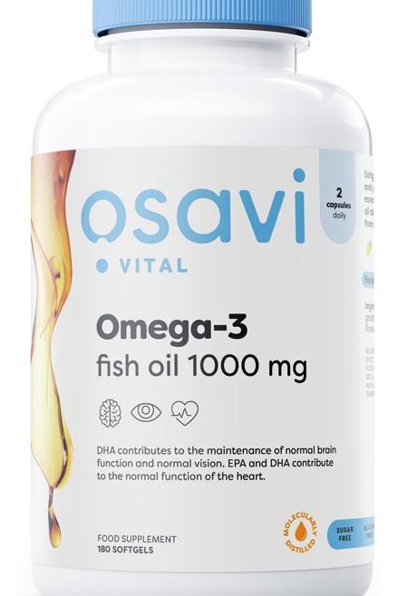 Osavi Omega-3 fish oil 1000 mg supplement bottle, supports brain and eye health.