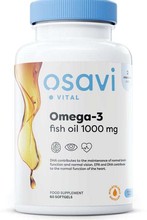 Osavi Omega-3 Fish Oil 1000 mg supplement, 60 softgels for heart and brain health.