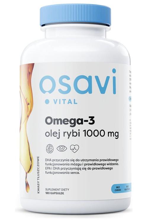 Osavi Omega-3 fish oil supplement in a 1000 mg capsule bottle, promoting heart and brain health.