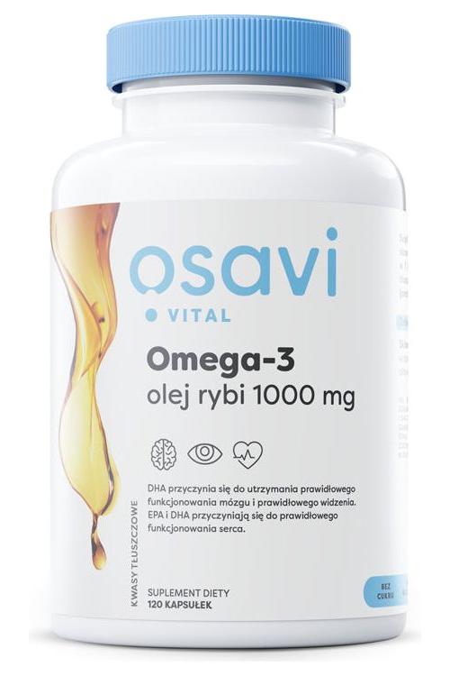 Osavi Omega-3 fish oil supplement bottle, 1000 mg, supporting heart, brain, and joint health.