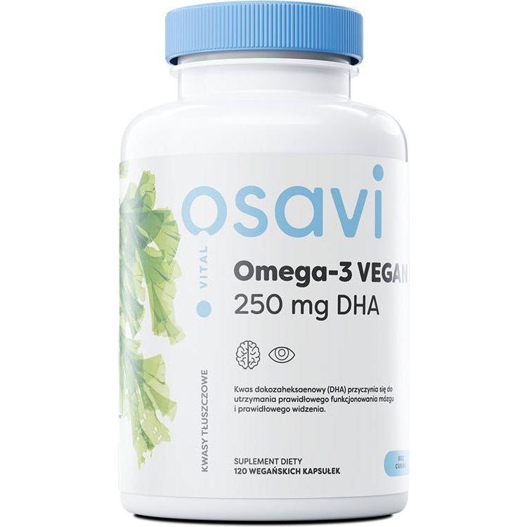 Osavi Omega-3 Vegan supplement bottle with 250 mg DHA for heart and brain health.