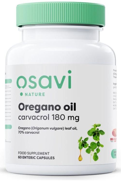 Osavi Oregano Oil Carvacrol 180mg dietary supplement in a bottle with 60 enteric capsules for immune support.