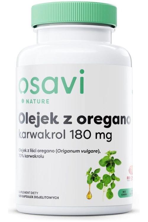 Osavi Oregano Oil supplement bottle with karvakrol, 180mg, promoting digestive health.