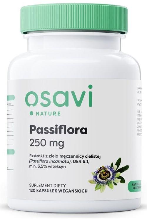Osavi Passiflora 250 mg supplement bottle, vegan capsules with passionflower extract for relaxation and sleep quality.