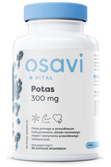 Osavi Potassium supplement 300 mg in a white bottle with blue lid, containing 180 vegan capsules.