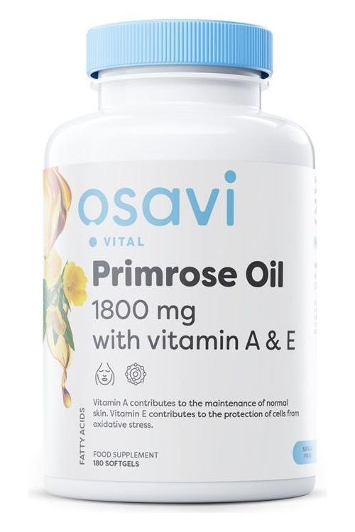Osavi Primrose Oil bottle with Vitamin A & E, 1800 mg, promoting healthy skin and cellular protection.