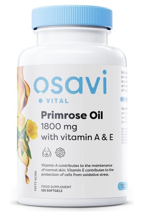 Osavi Primrose Oil bottle showing 1800 mg with Vitamin A & E for healthy skin, 120 softgels.