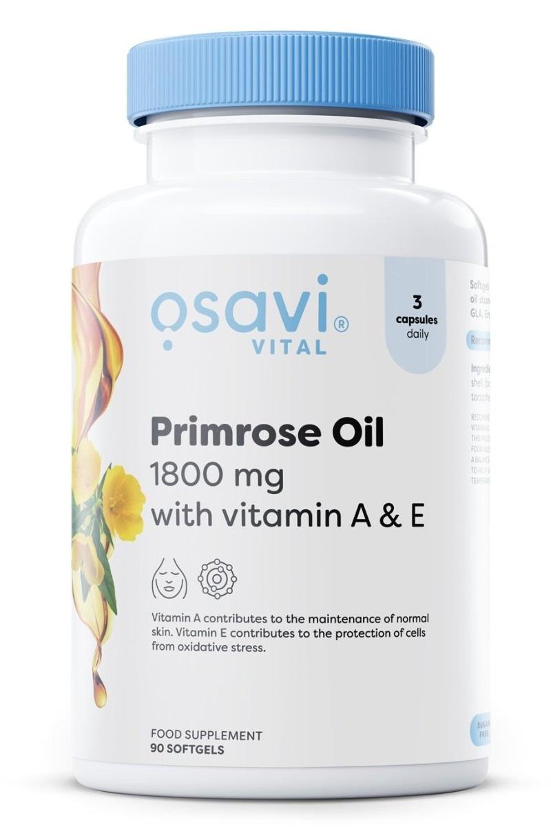 Osavi Primrose Oil with Vitamin A & E, 1800 mg softgels for healthy skin and oxidative stress protection.