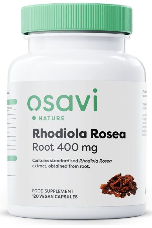 Osavi Rhodiola Rosea supplement bottle featuring 400 mg of standardized Rhodiola extract in 120 vegan capsules.