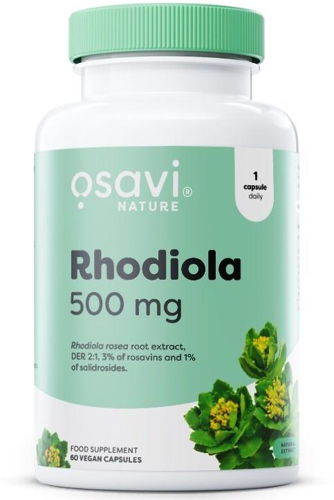 Osavi Rhodiola Rosea supplement bottle containing 500 mg of Rhodiola extract in vegan capsules.