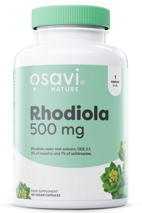 Osavi Rhodiola Rosea 500mg supplement bottle with 120 vegan capsules for stress relief and improved mental performance.