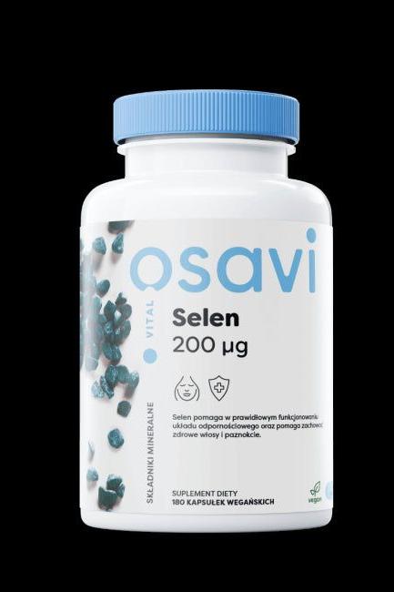 Osavi Selenium capsules bottle, 200 µg, promoting immunity and hair health, dietary supplement, 180 vegan capsules.