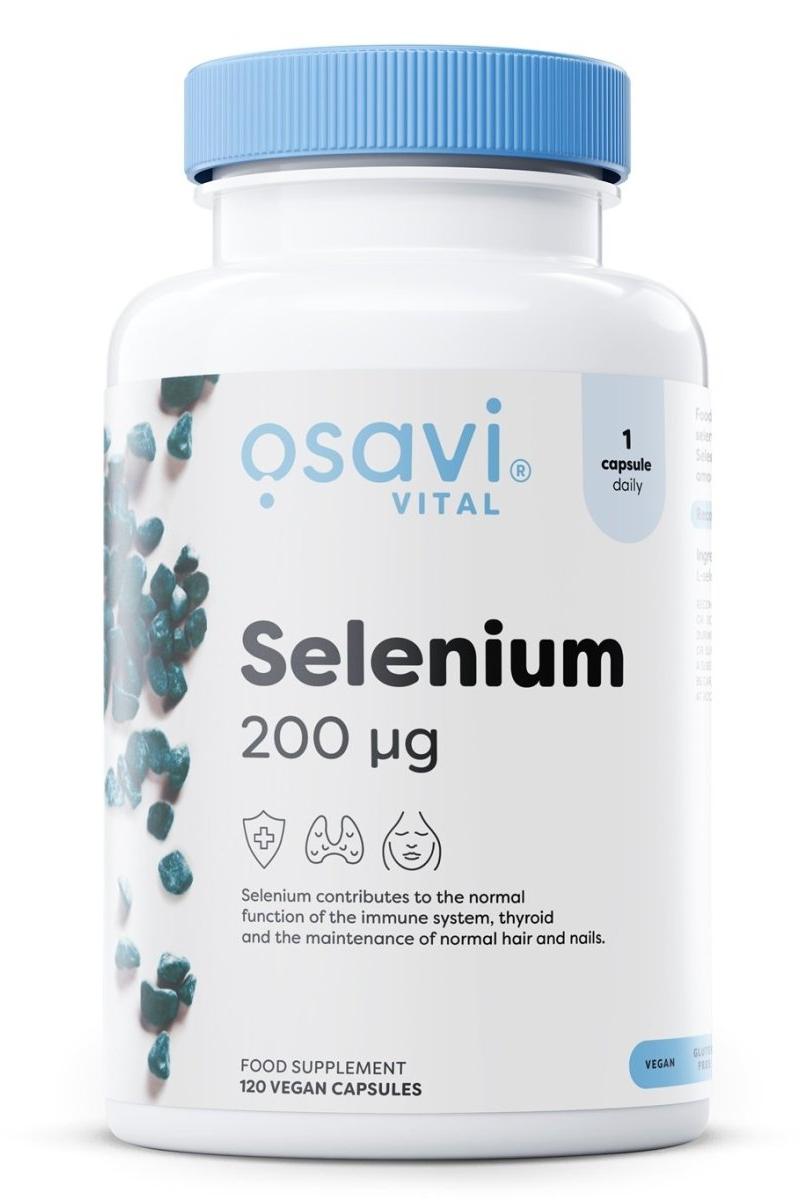 Osavi Selenium supplement bottle with 120 vegan capsules for immune support and antioxidant benefits.